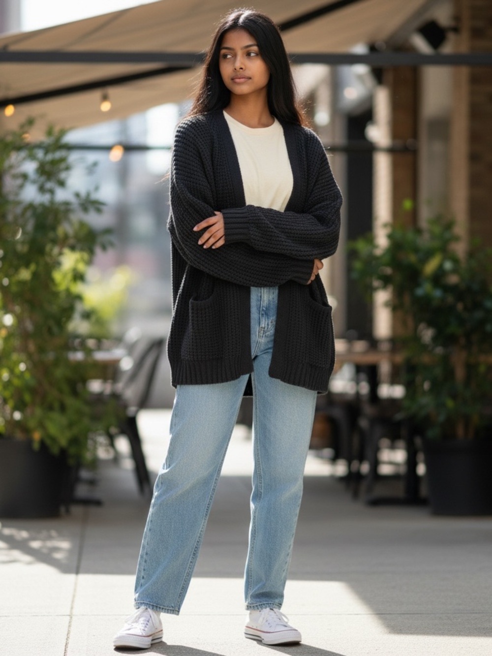 AMERICAN EAGLE Cozy Open-Front Chunky Knit Cardigan - Black